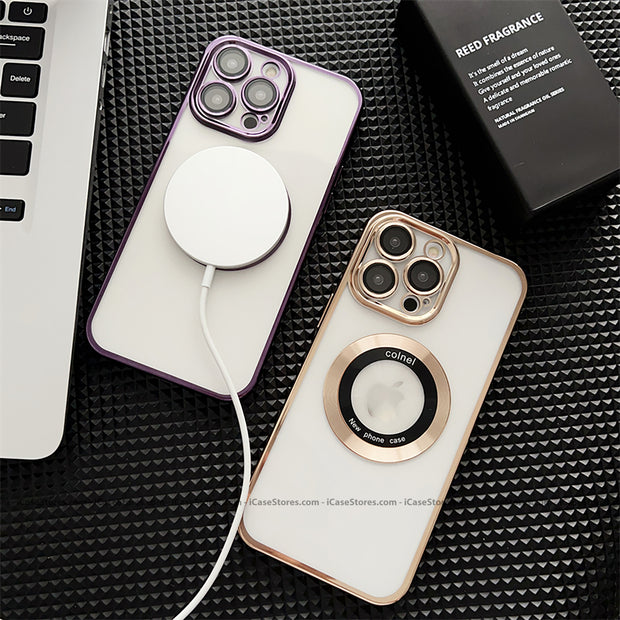 Plating MagSafe Luxury Clear Case with Glass Logo Hole