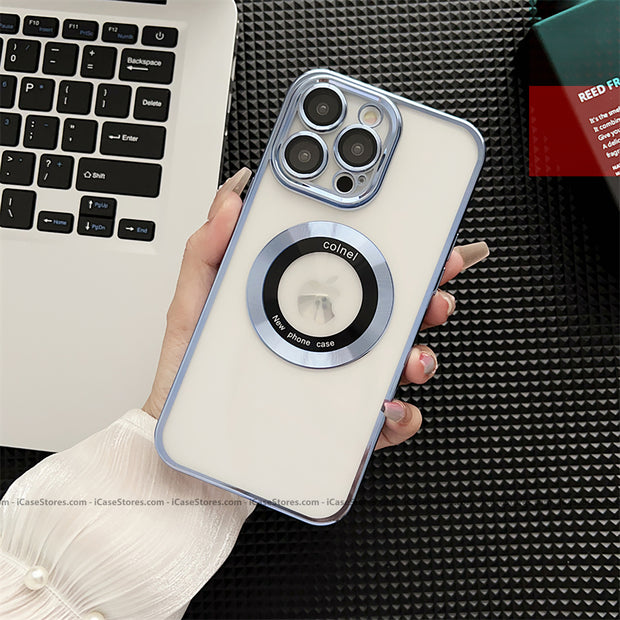 Plating MagSafe Luxury Clear Case with Glass Logo Hole