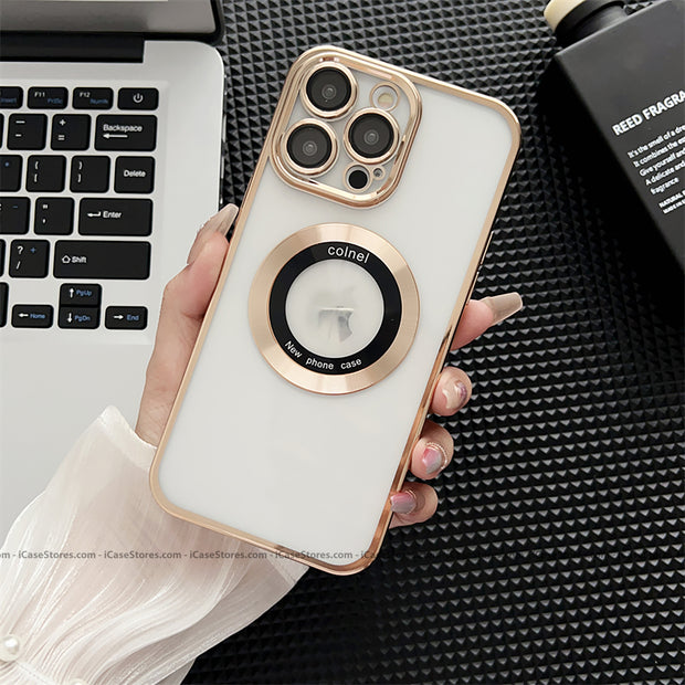 Plating MagSafe Luxury Clear Case with Glass Logo Hole