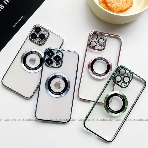 Plating MagSafe Luxury Clear Case with Glass Logo Hole