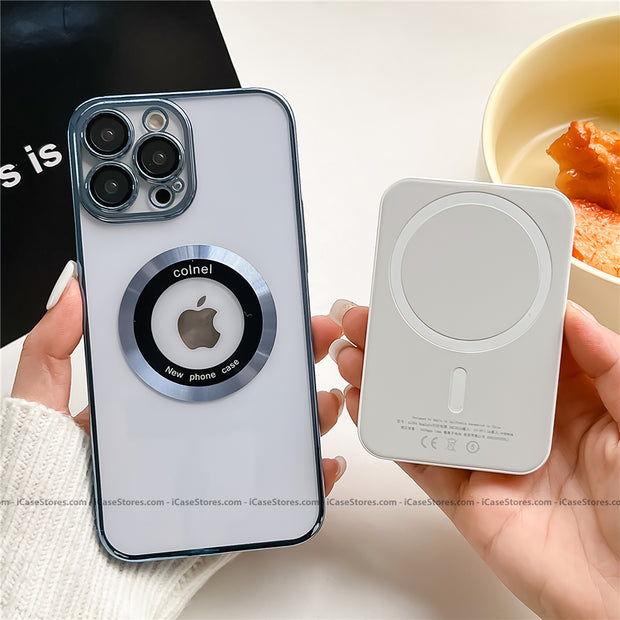 Plating MagSafe Luxury Clear Case with Glass Logo Hole