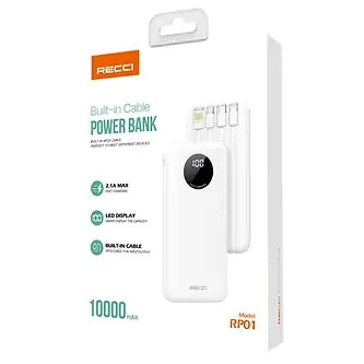 Recci Power Bank With 4 Built-In Cables & 2 USB-A Output LED Digital Display 10000mAh - iCase Stores