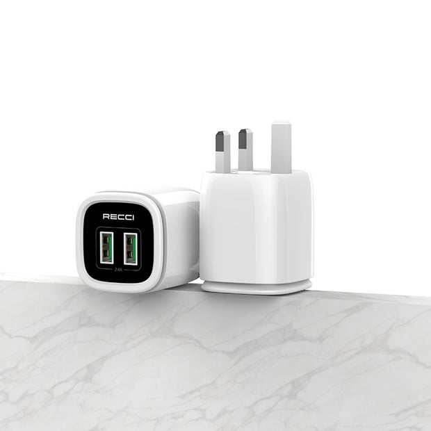 Recci 2.4A Dual USB Port Wall Charger With Micro Cable (UK PLUG)