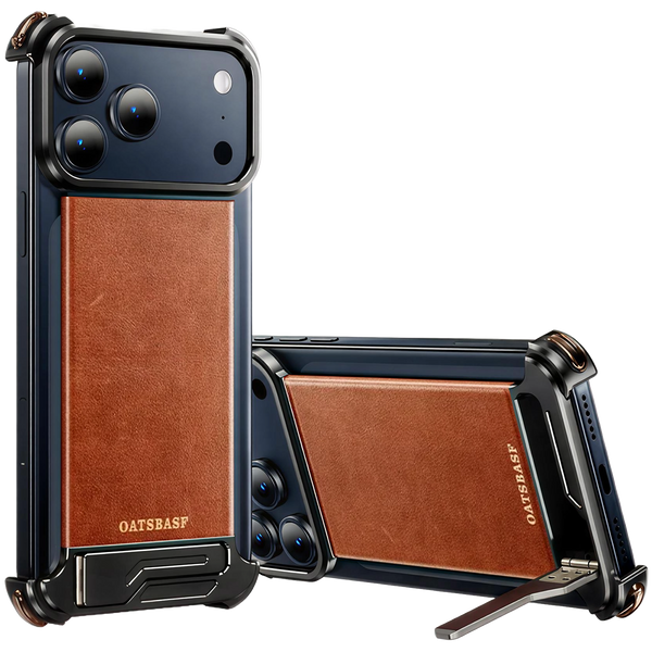 Oatsbasp Armor Leather Kickstand Case with Metal Frame for iPhone 17 Pro Max