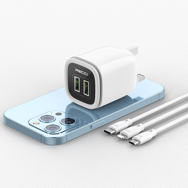 Recci 2.4A Dual USB Port Wall Charger With Micro Cable (UK PLUG)