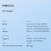 Recci Charger Dual Ports Max Power 35W - iCase Stores
