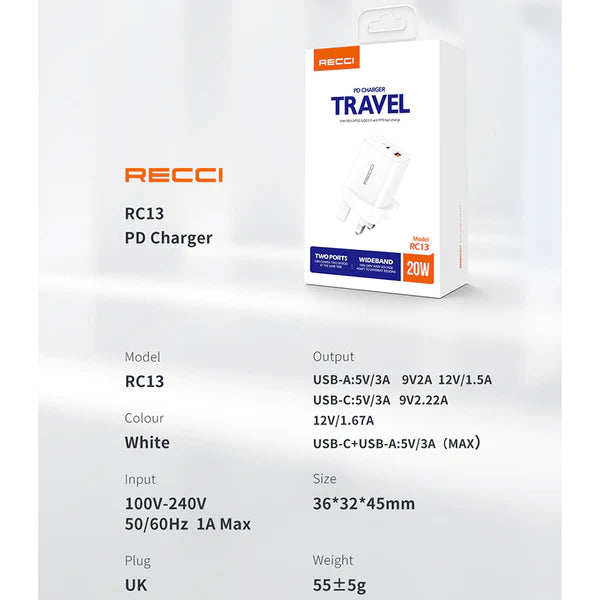 Recci 20W PD3.0/QC3.0/PPS UK Plug Wall Charger
