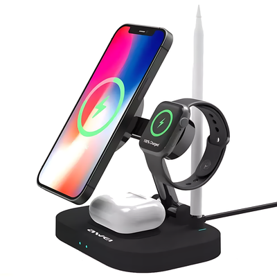 Awei Foldable 4 in 1 Wireless Charger Fast Charging Station for Cellphone Smart Watch Earphones Magnetic Charging Stand 15W