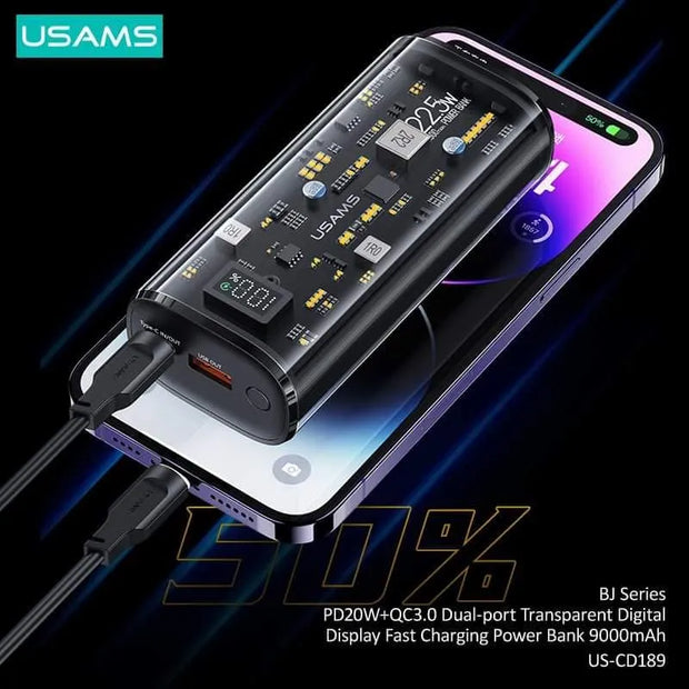 Usams Dual-Port Transparent Digital Display Fast Charging Power Bank 9000mAh