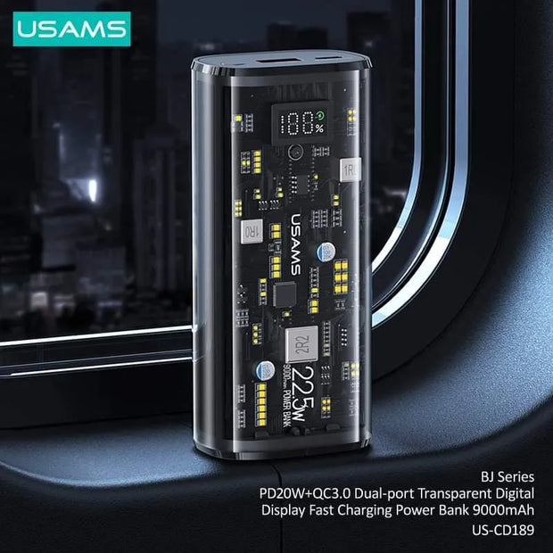 Usams Dual-Port Transparent Digital Display Fast Charging Power Bank 9000mAh