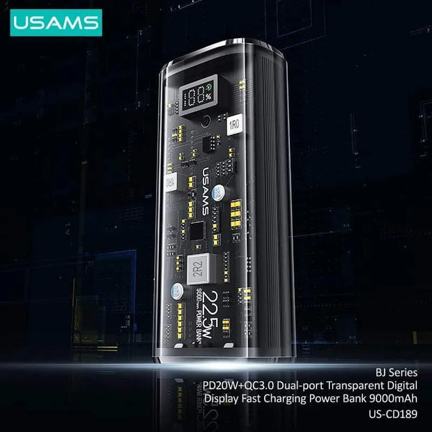 Usams Dual-Port Transparent Digital Display Fast Charging Power Bank 9000mAh