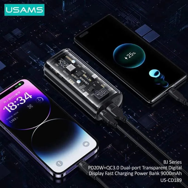 Usams Dual-Port Transparent Digital Display Fast Charging Power Bank 9000mAh