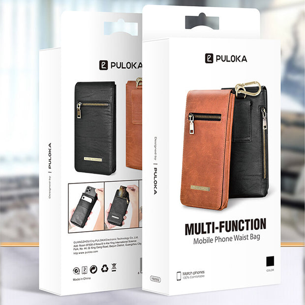 PULOKA Cell Phone Holster with Belt Loop [3 Pouches] Leather Belt Phone Pouch Zipper