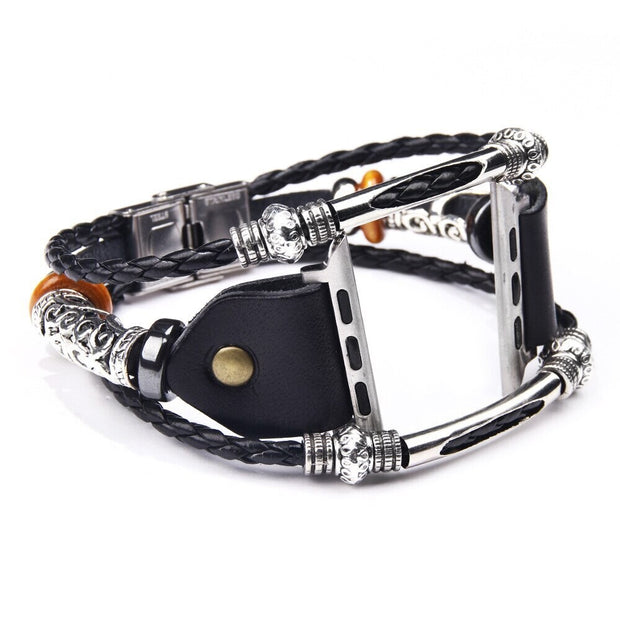 Premium Bracelet Strap Alloy Leather Wristband for Apple Watch - Black