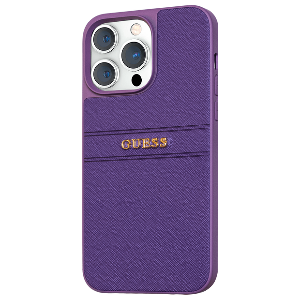 𝐆𝐔𝐄𝐒𝐒 Saffiano Purple Hot Stamp Design With Metal Logo - iCase Stores