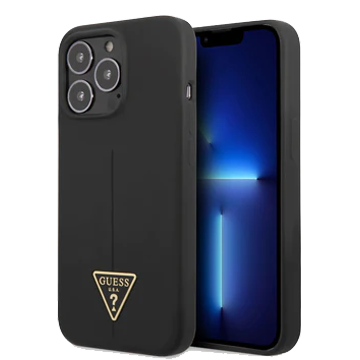 𝐆𝐔𝐄𝐒𝐒 Silicone Black Case Shiny Line And Metal Triangle Tone On Tone Logo - iCase Stores
