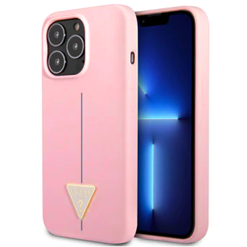 𝐆𝐔𝐄𝐒𝐒 Silicone Pink Case Shiny Line And Metal Triangle Tone On Tone Logo - iCase Stores